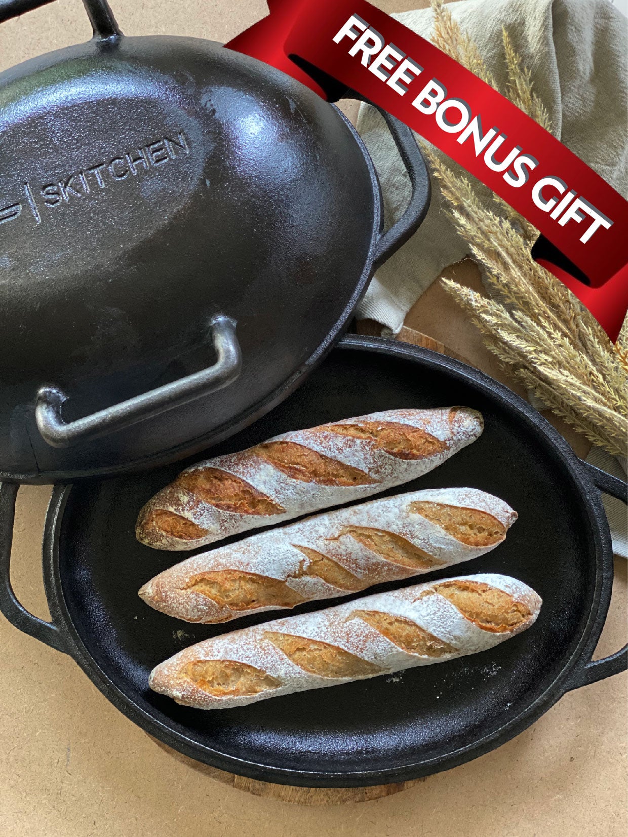 Skitchen Bakers Seasoned Cast Iron Sourdough Pan Max 39cmx26.5cm